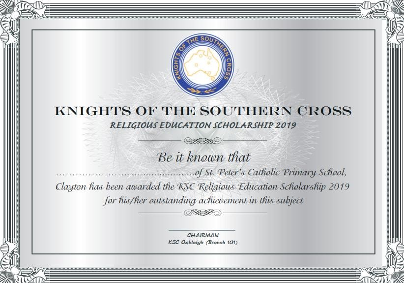 Knights of the Southern Cross Religious Education Scholarship certificate